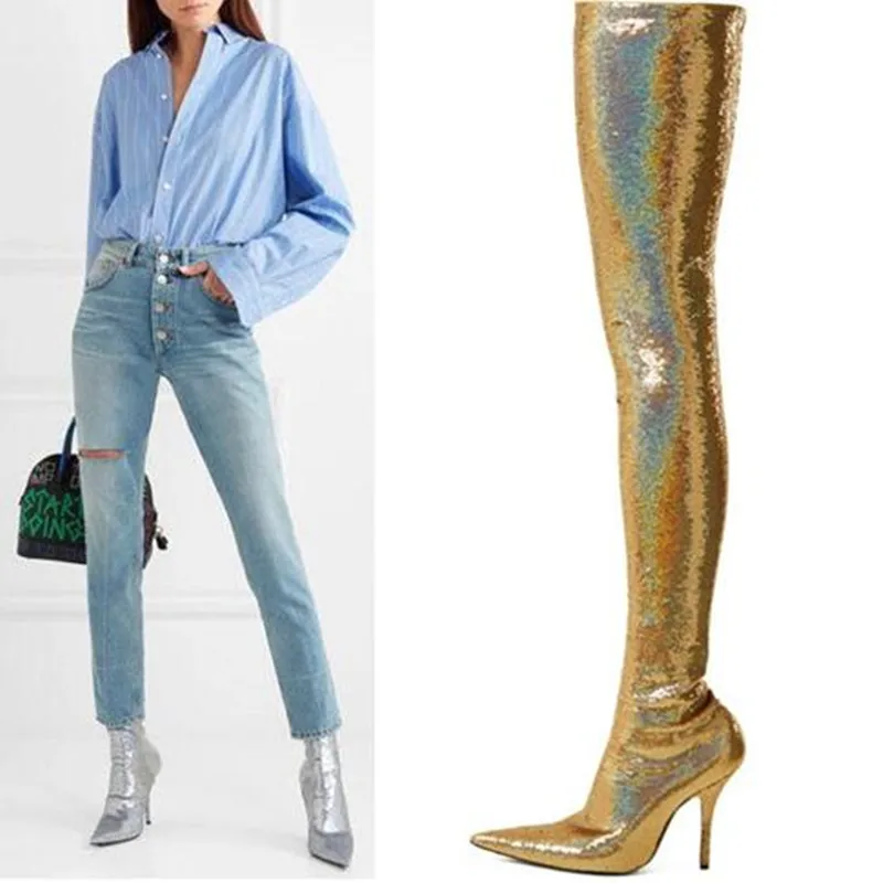 

European American foreign trade big size pointed-toe thin high heel ankle boots female bling sequins slim over the knee boots