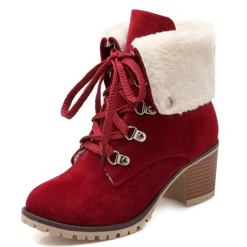TAOFFEN/размеры 34-43; женские ботильоны на толстом меху; женские полусапожки на высоком каблуке; обувь на меху; женские зимние теплые ботинки; Botas - Цвет: Красный