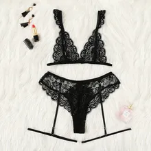 Эротическое нижнее белье, сексуальный женский бюстгальтер, цветочный кружевной комплект нижнего белья с подвязками и трусиками