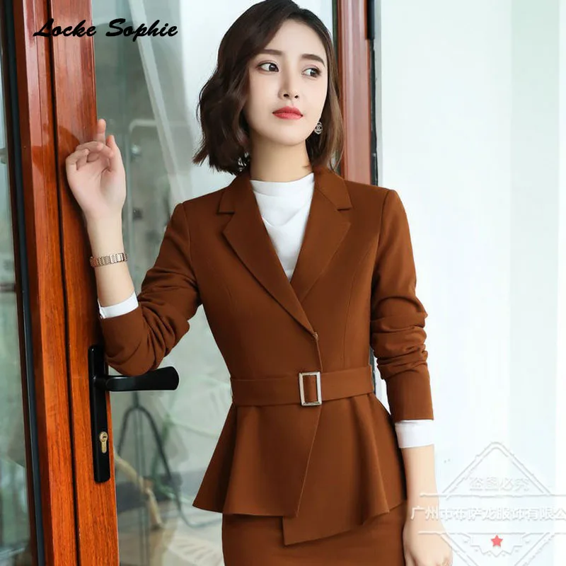 1pcs Women's Plus size Slim fit Blazers coats 2019 Spring cotton blend waist belt Suits jackets ladies Skinny Blazers Suits coat