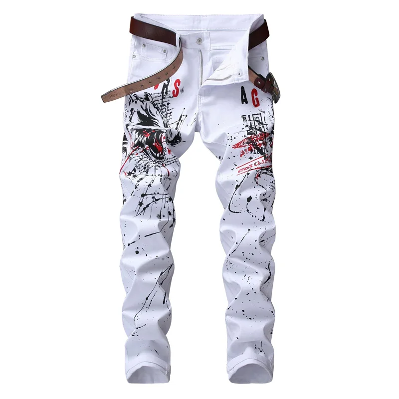 

White Color Fashion Skinny Jeans Men Night Club Punk Pants Elastic Slim Fit Wolf Pattern Printed Jeans High Street Hip Hop Jeans