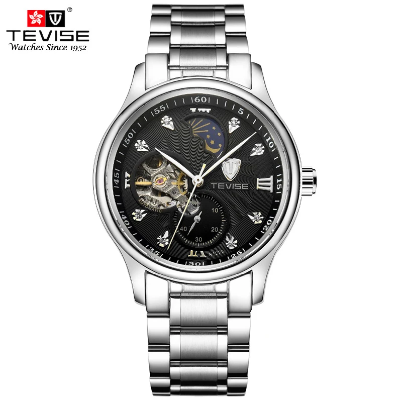 

TEVISE Self Winding Watches 8122A Men Mechanical Watches Moon Fashion Casual Phase Stainless Steel Automatic Movement Wristwatch