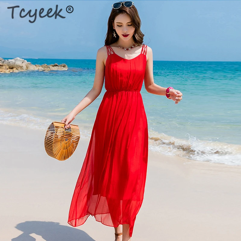 

Tcyeek Summer Dress Boho White Real Silk Dresses Women Clothes 2019 Korean V Neck Sleeveless Maxi Dress Ladies Fit Vestidos 8033