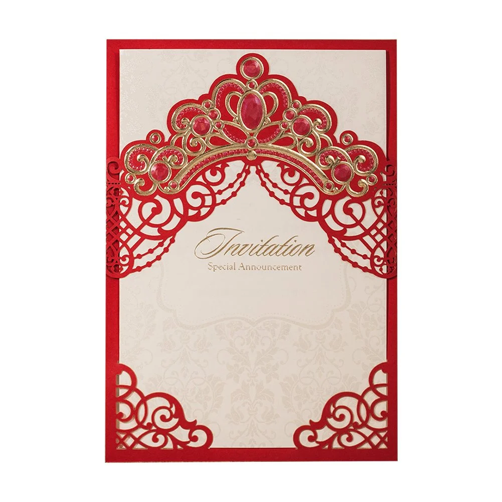 [Принцесса мечта] 20 шт./лот розовый и красный фольга Корона лазерная резка свадебные приглашения, пригласительные открытки с конвертами для Quinceanera