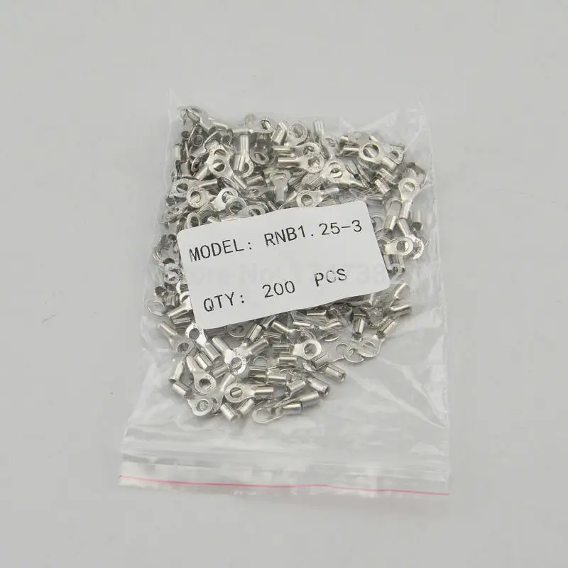 200PCS RNB1.25-3 Non-insulated ring terminal electrical wire crimp naked connector AWG 22-16