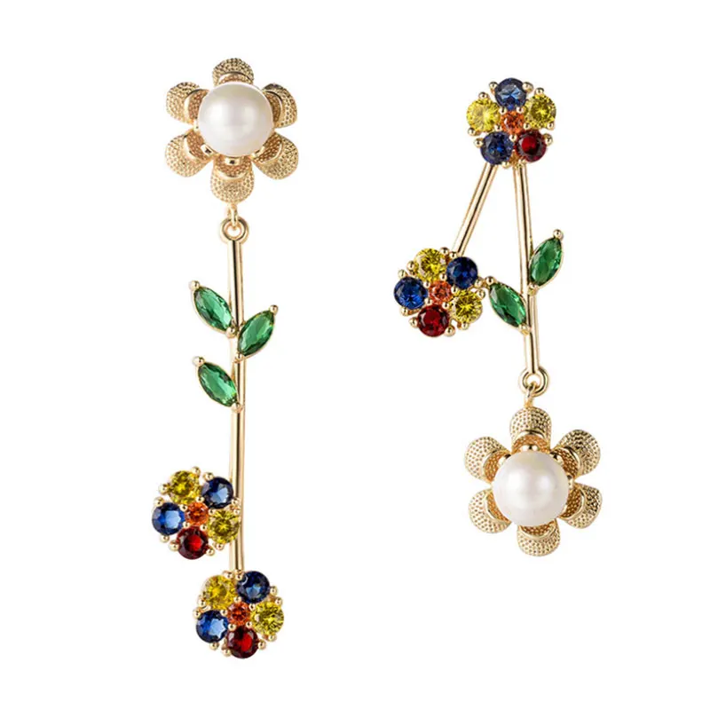 

Drop Earrings Korean version of the temperament long color zircon foliage earrings Women's fashion wild pearl flower earrings