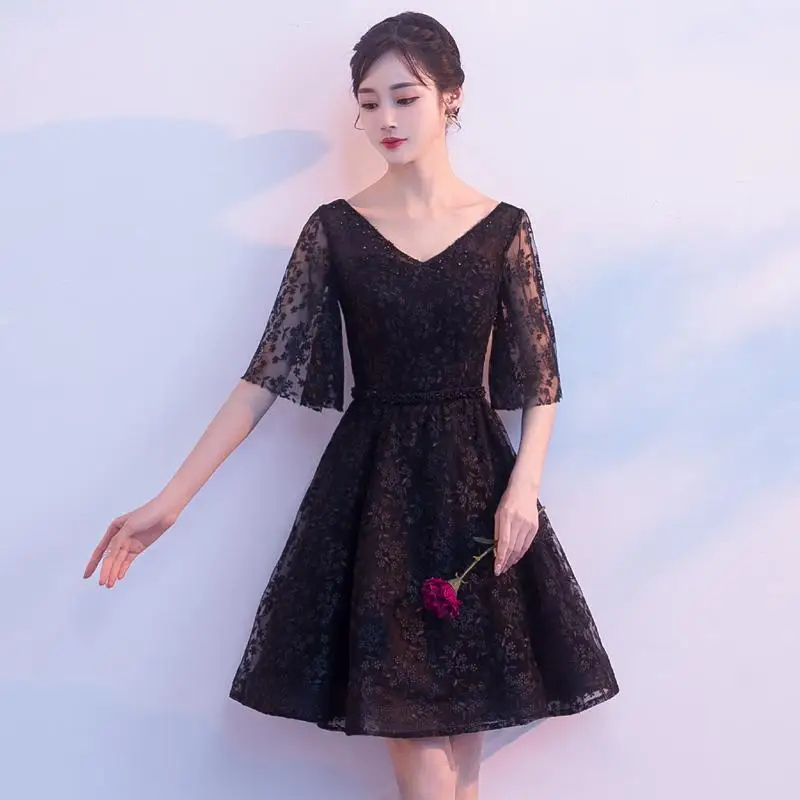 Женские вечерние платья Cheongsam в восточном стиле с v-образным вырезом в китайском стиле, Элегантные короткие платья Qipao, сексуальные тонкие свадебные платья Vestidos S-XXXL - Цвет: Черный