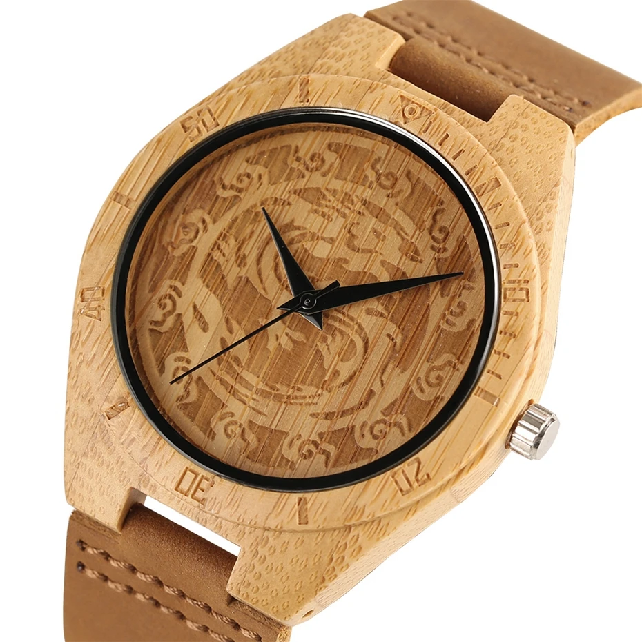 Creative Hands Craft Dragon Dial Wooden Watches Natural Bamboo Analog Genuine Leather Carving Wood Quartz Watch Men Reloj Hombre 2018 (3)