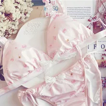 My Melody, розовый молочный Шелковый японский бюстгальтер и трусики, комплект с бантиками, беспроводное мягкое нижнее белье, нижнее Белье для сна, милый комплект Лолиты