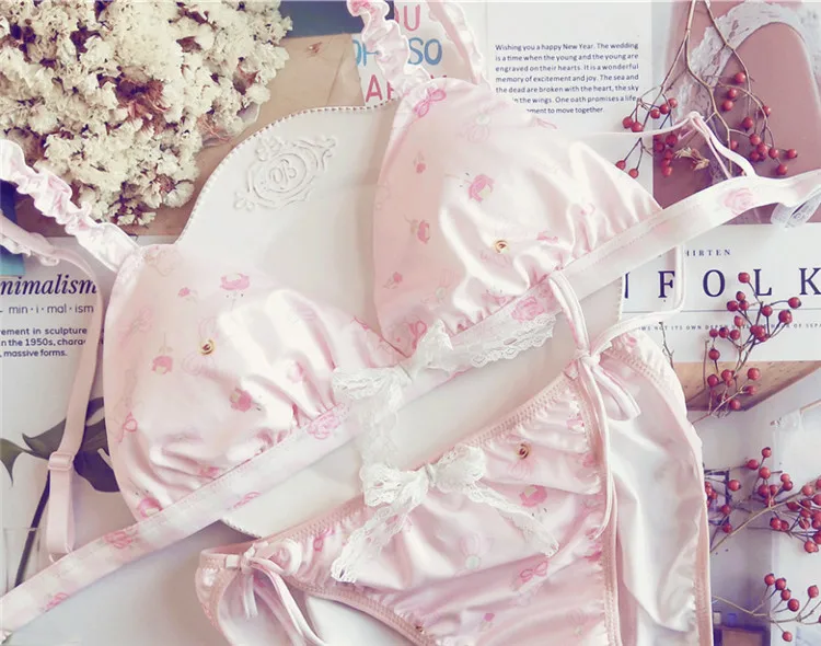 

My Melody Pink Milk Silk Japanese Bra & Panties Set Bows Wirefree Soft Underwear Sleep Intimates Set Cute Lolita