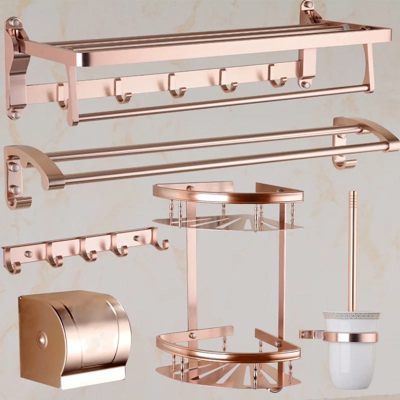 

Rose gold space aluminum bathroom hardware set 5-6 items towel rack/ hook/ paper holder/ bathroom shelf toilet brush holder Wall