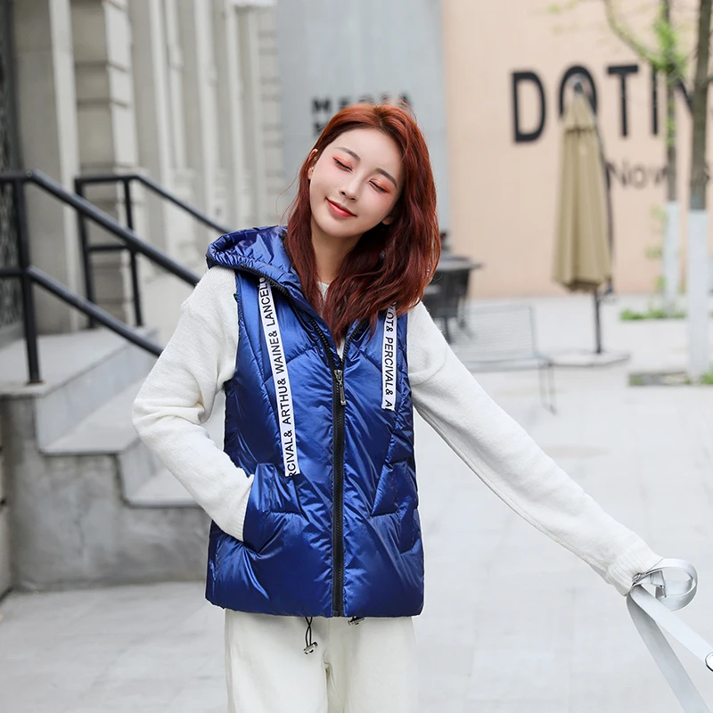 

Autumn Winter Women down Cotton Vest Coats New Hooded Vests Jackets Lady Midi Hooded silver glossy vest Waistcoat Outwear