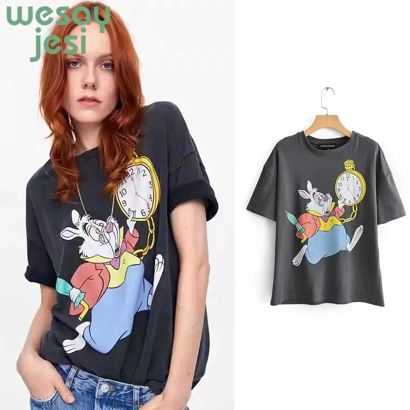 

2019 new summer t shirt women england harakuju cartoon Rabbit printing cute o-neck tshirts women tops plus size