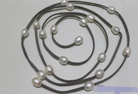 

0002739 Leather long necklace white Freshwater pearl 48INCH 10x12mm