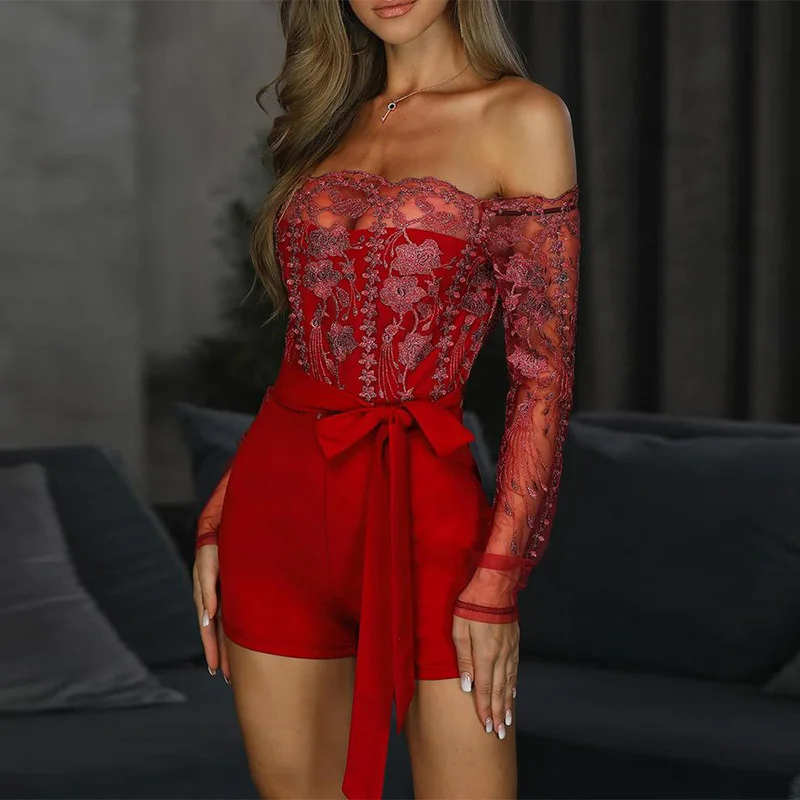 

Women Sexy Off Shoulder Floral Embroidery Playsuit Rompers Ladies Casual Long Sleeve Tied Front Jumpsuit Skinny Lace Overalls