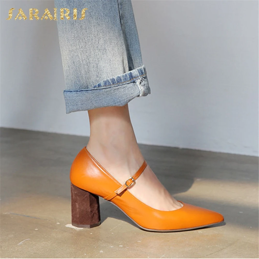 

Sarairis Fashion New Genuine Leather Hot Sale Black Pumps Woman Shoes Thick Heels Pointed Toe Buckle Shose Woman Pumps
