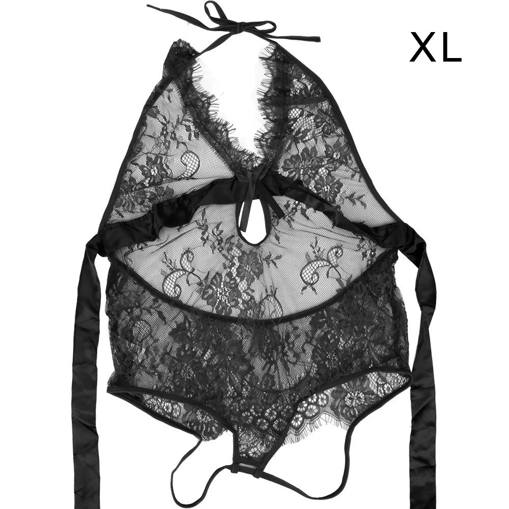 IKOKY сексуальное женское белье с открытой спиной комбинезоны пикантные ночнушки ночное белье кружевное платье Прозрачное нижнее белье без рукавов боди - Цвет: Black XL