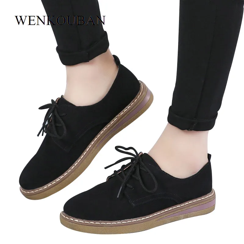 

Oxford Shoes Women Flats Moccasins Shoes Summer Suede Leather Flat Shoes Black Pointed Toe Ladies Casual Rubber Lace Up Oxfords