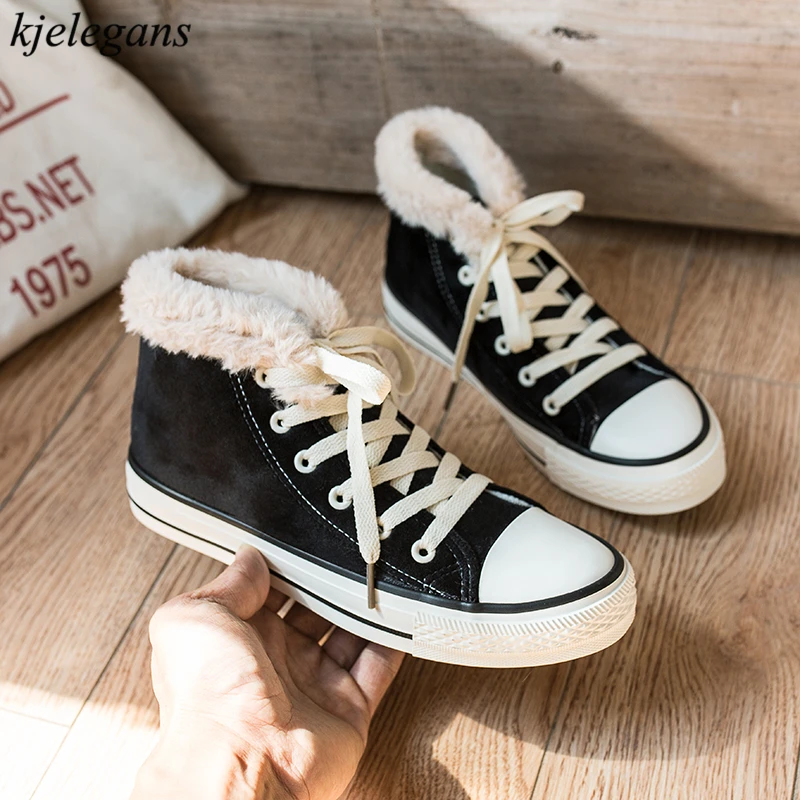 

Kjelegans 2018 New Winter Velvet Design Canvas Shoes Women Fur Sneakers Ladies High Top Autumn Winter Casual Shoes