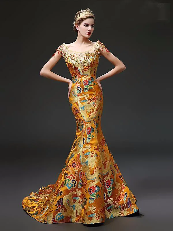 Дракон халат вечернее платье китайский стиль узор Русалка Cheongsam Золотое платье выпускного вечера для свадебной вечеринки на заказ