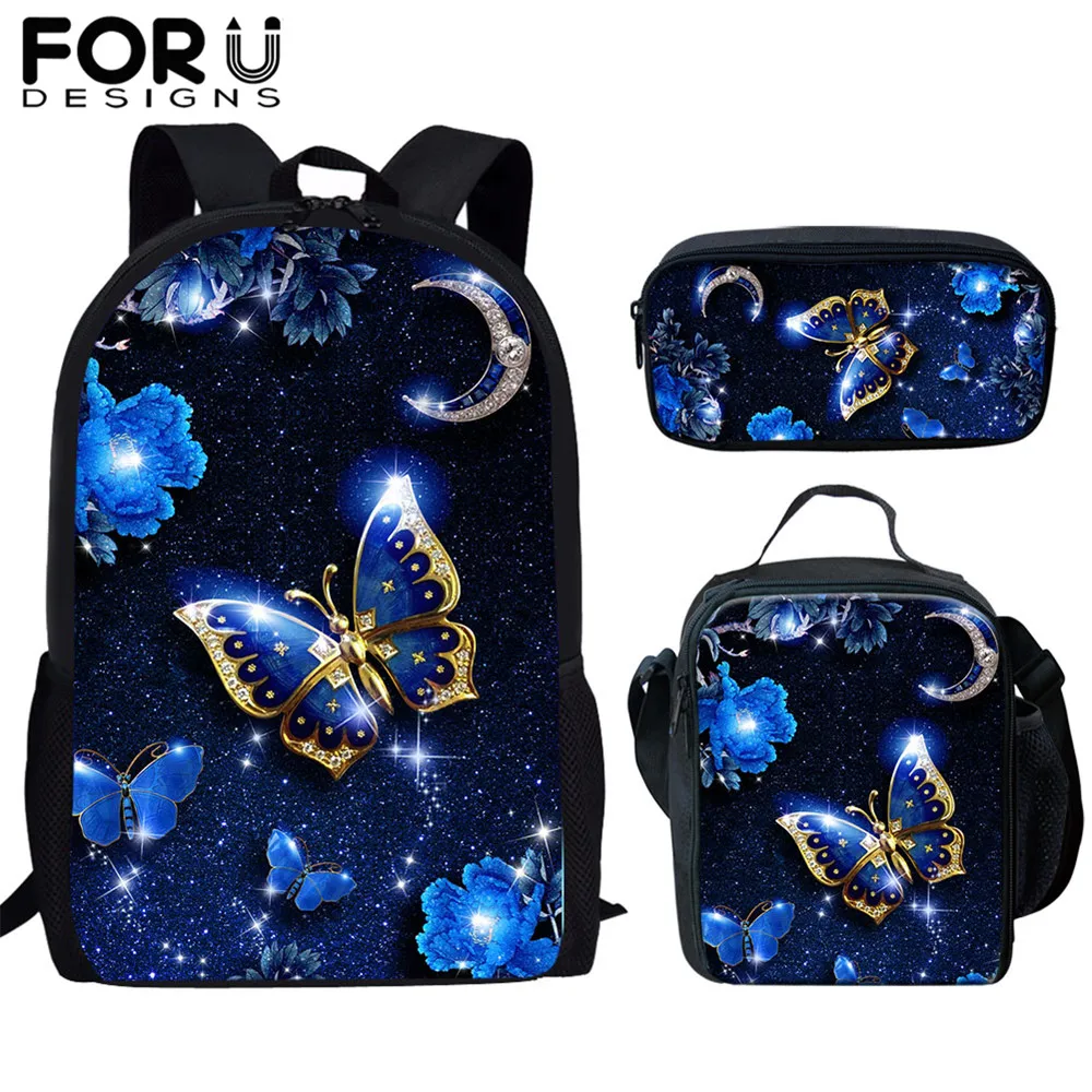 

FORUDESIGNS Children School Bags 3D Beauty Butterfly Animal Print 3 Pcs/set Kids Backpack Girls Women Schoolbag Mochila Escolar