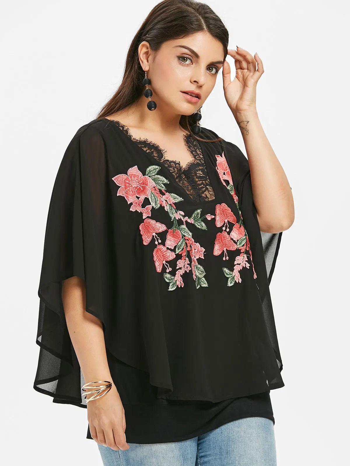 Wipalo Plus Size 5XL Embroidery V Neck Overlay Cape Blouse Women Summer Chiffon 3/4 Sleeve Ladies Tops Casual Clothing|Блузки| |