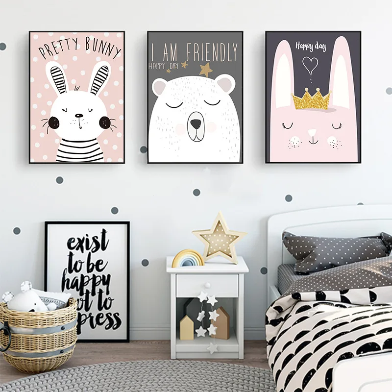

Cartoon Bunny Bear Poster and Print Wall Art Canvas Painting Nordic Style Nursery Picture for Living Room Home Decor