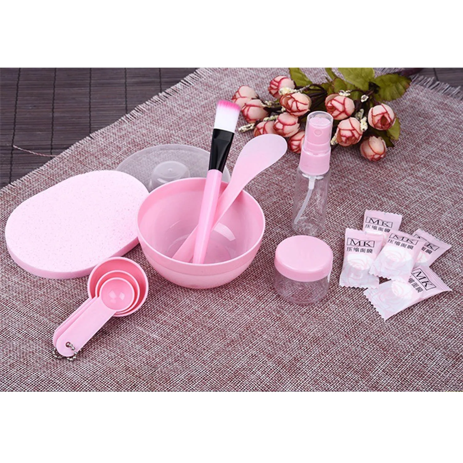 

10 PCS DIY Face Mask Tool Facial Care Beauty Mixing Tool Sets Including Bowl Spatula Brush Puff Spoon Spray Bottle Pink