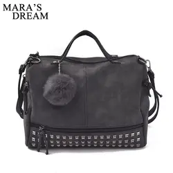 Mara's Dream 2018 винтажная женская сумка из нубука с ручкой сверху, заклепками, женские сумки с помпонами, сумка на плечо, мотоциклетная
