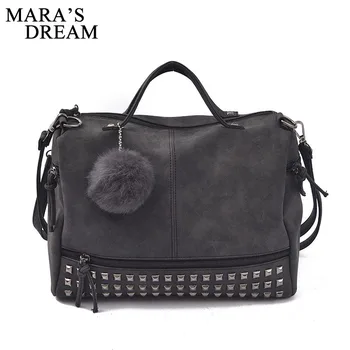 

Mara's Dream 2018 Vintage Nubuck Leather Female Top-handle Bags Rivet Women Bags Hair Ball Shoulder Bag Motorcycle Messenger Bag