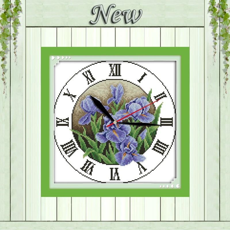 Needlework Set Embroider Kit Clock Crossstitch Flower Painting