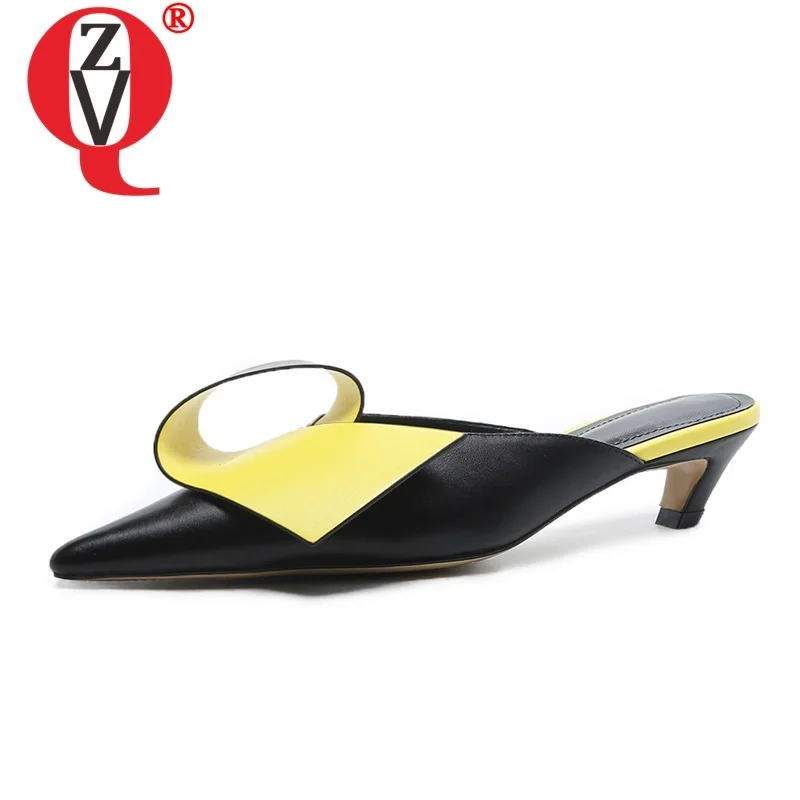 

ZVQ woman shoes 2019 summer new fashion sexy pointed toe high genuine leather woman slippers outside mid heels ladies shoes