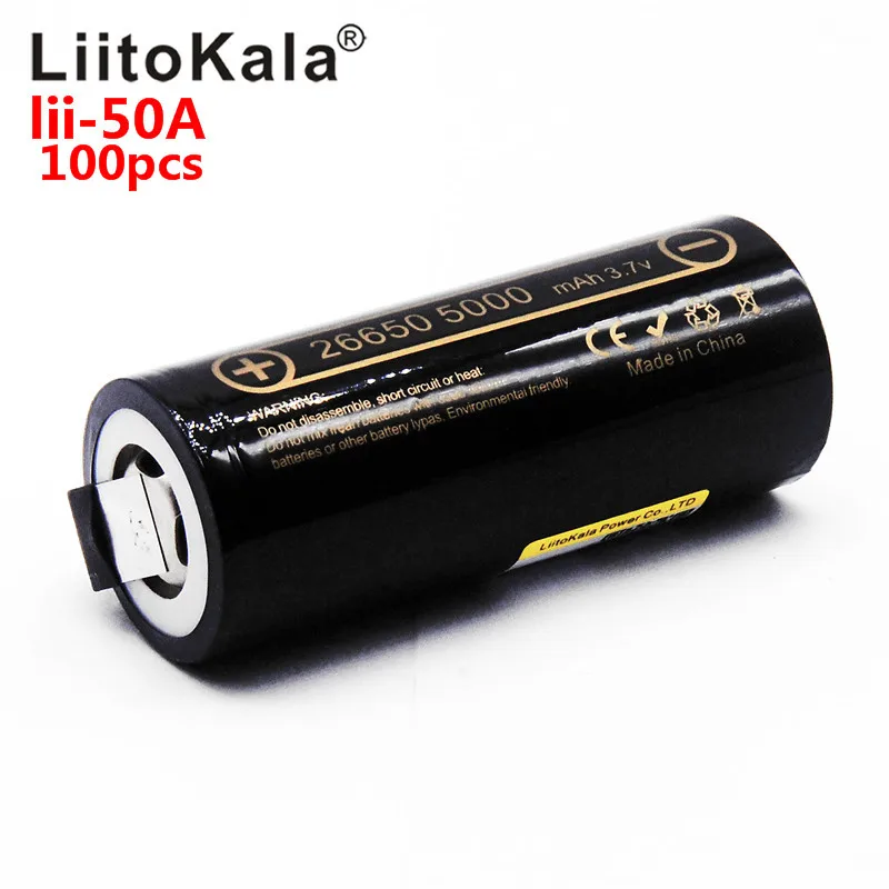 Оптовая продажа 100 шт. LiitoKala lii-50A 26650 5000 мАч литиевая батарея 3 7 в 26650-50A для фонарика