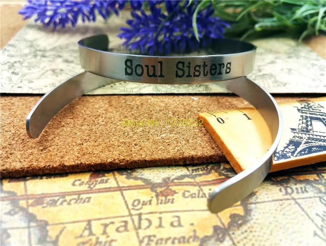 

stainless steel Cuff bracelet "Soul Sister" for women or men Handmade bangle inspirational jewelry gift china import goods