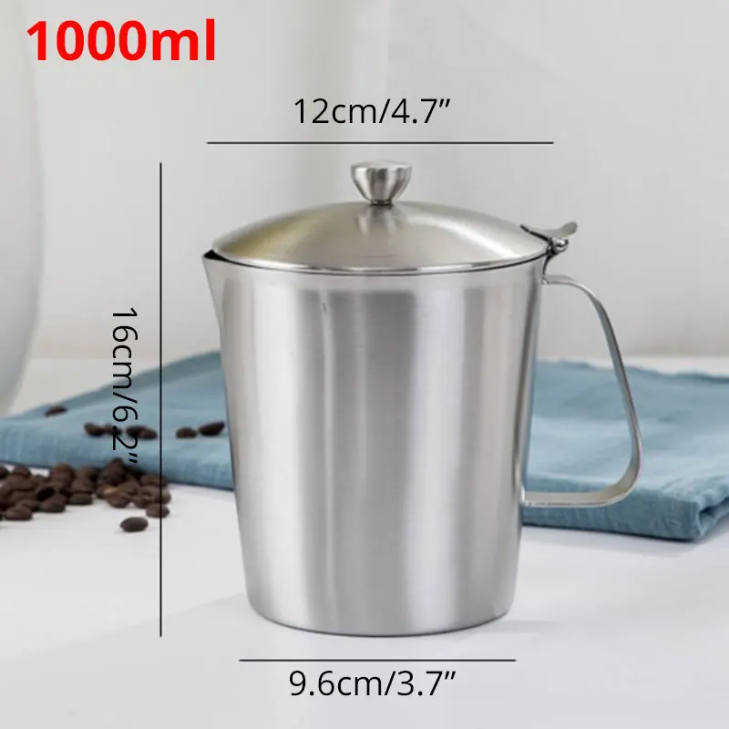 Кувшин для вспенивания молока с крышкой и улучшенным измерением, уплотненные 304 мерные чашки из нержавеющей стали, контейнер для кофейной пены - Цвет: 1000ml