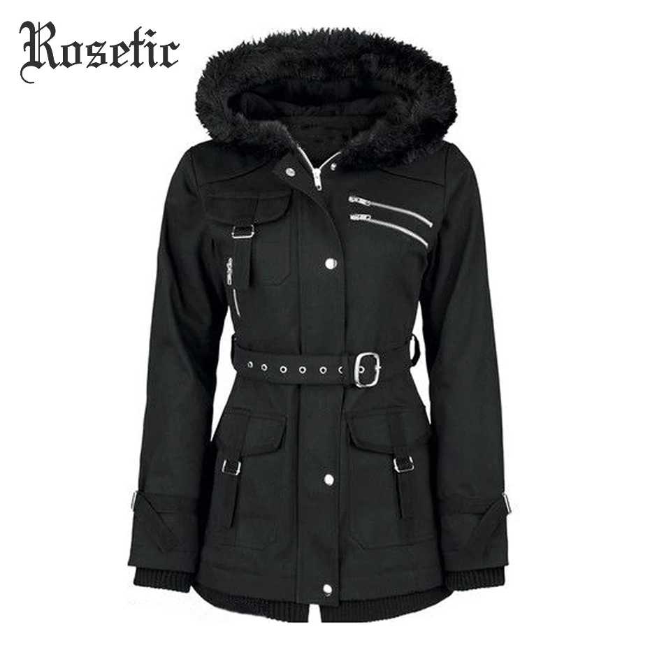 Rosetic готическое пальто женское черное зимнее с капюшоном на молнии с поясом альпинистское бархатное Пальто Повседневное модное готическое Женское пальто осень