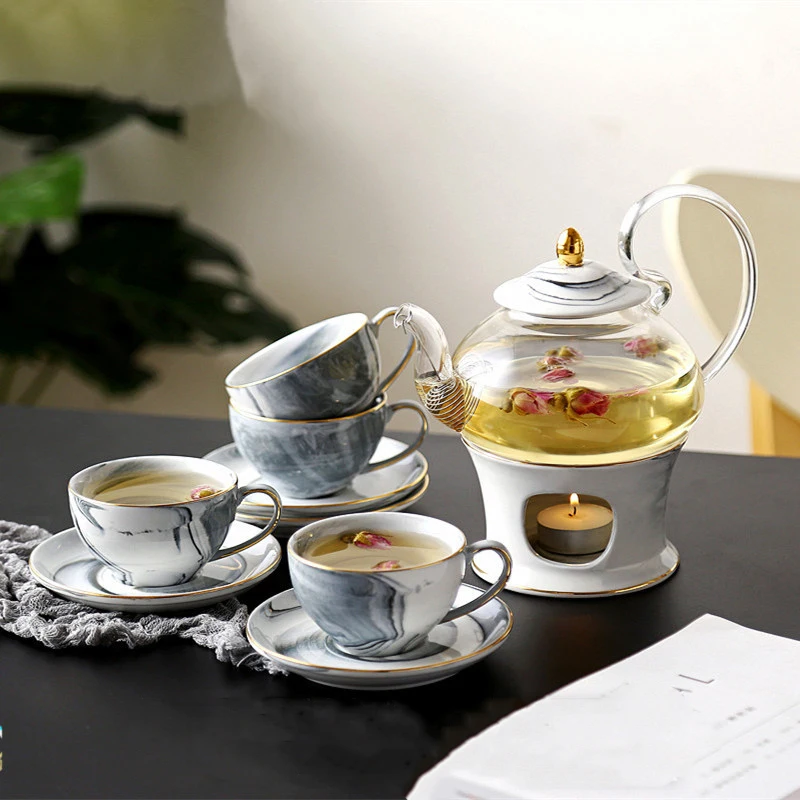 European Simple Marble Ceramic Glass Flower Tea Set English Afternoon