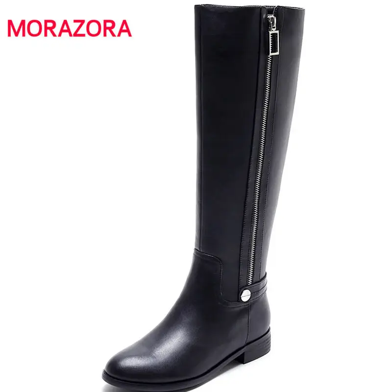 

MORAZORA big size autumn winter pu+genuine leather boots fashion round toe knee high boots comfortable short plush shoes women