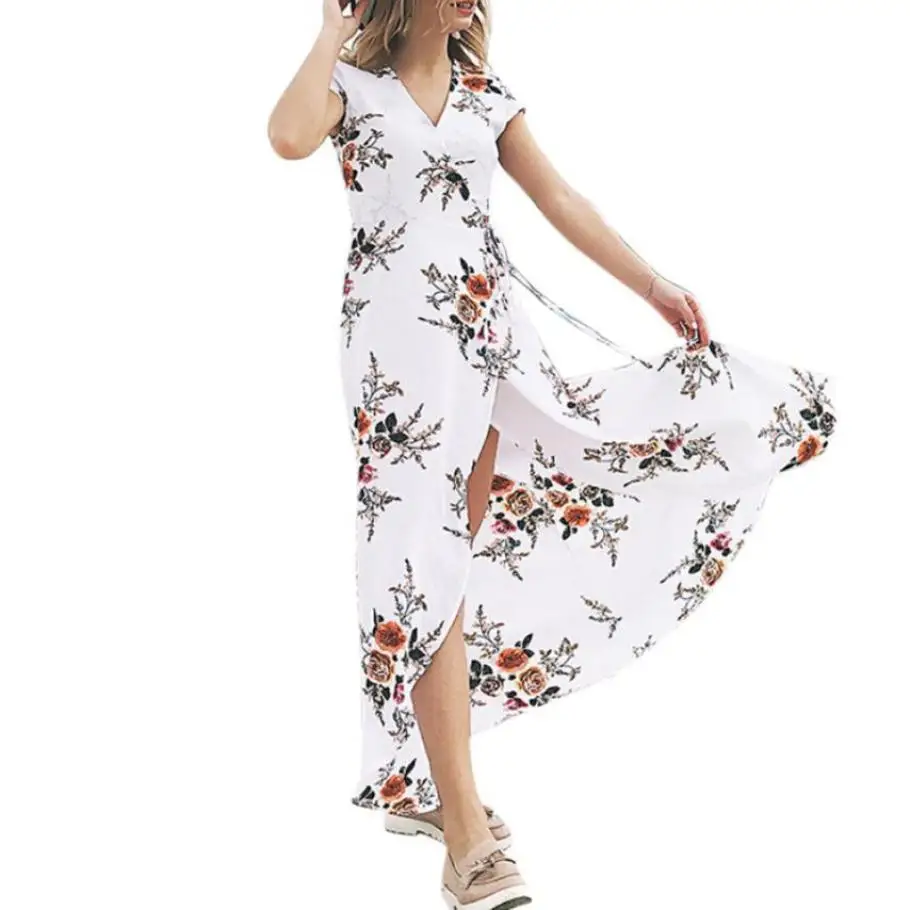 Летние пикантные женские v-образным вырезом Макси длинное платье Для женщин Boho Пляжное платье с цветочным принтом Для женщин s короткий