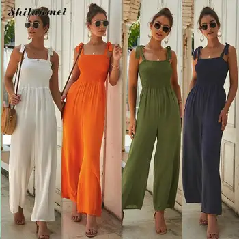 

2019 Solid Color Casual Jumpsuit Loose Trousers Wide Leg Pants Rompers New Simple Jumpsuit Women Casual Summer Holiday Backless