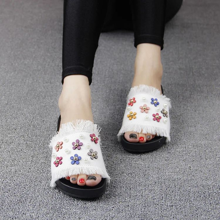 2016 New Korean Female Summer Sandals Casual Slippers Online Denim Daisy Pearl Ladies Comfort Footwear Cheap49