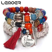 Pulseras de perlas de piedra de Lava Vintage LEMOER para Mujer brazaletes con encanto de borlas y brazaletes