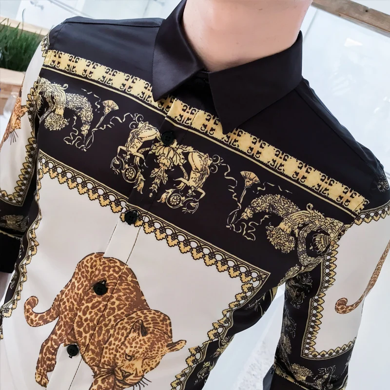 Роскошные Рубашки мужские Клубные рубашки Imprime Homme Blusas Social Masculinas тонкие винтажные рубашки в стиле барокко мужские футболки с Королевской символикой золотого тигра