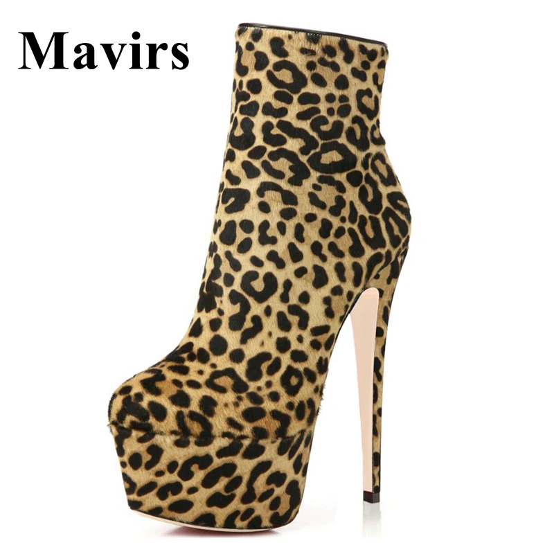 

Mavirs Brand 2018 Winter Leopard 16 CM Stiletto Platform Ankle Boots For Women High Heels Booties Party Shoes US Size 5-15