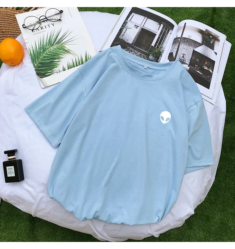 New Summer Tumblr Fashion Tshirt Women Cotton O-neck Short Sleeve Tops Harajuku Casual Kawaii Cartoon Alien Print Korean Clothes (12)
