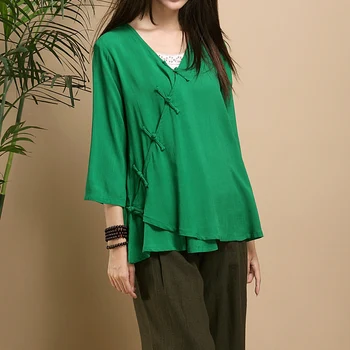 

Chinese folk style literary summer new retro slanting lapel frog cotton linen blouses