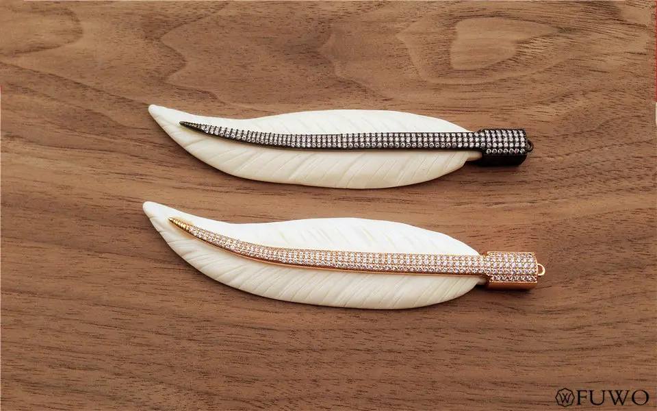 Natural Bone Carved Micro Pave Leaf Feather Pendant 10