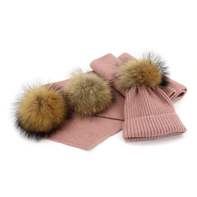 Children Real fur Pompoms Winter Hat Scarf Sets Girls Boys Warm Knitted Cap Set 2 Pieces/Set Baby Kids Casual Hats Scarves |