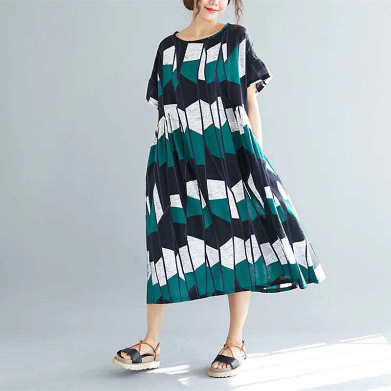 

Johnature New Women Clothes Loose Casual Short Sleeve Summer Dresses Women Korean Green Plus Size Geometric Print Dress 2019