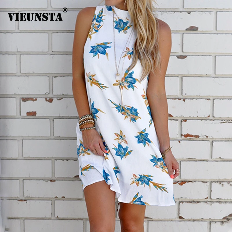 

VIEUNSTA Women Summer Floral Print Mini Halter Dress Elegant Hollow Out Backless Party Dress Sexy Sleeveless Beach Dress Vestido